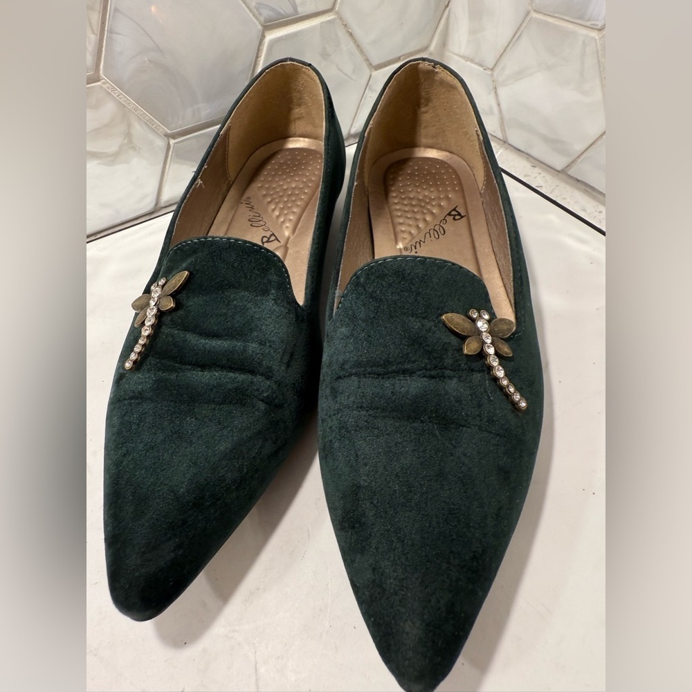 Dragonfly Bellini Dark Green Velvet Pointed Toe Flats Rhinestones Sz 6 - Picture 4 of 13